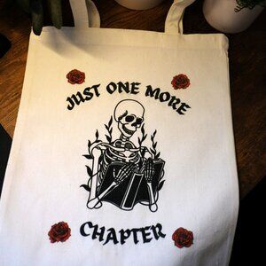 Canvas Tote Bag with Skeleton Reading and Red Roses, Handmade, Skull, Books